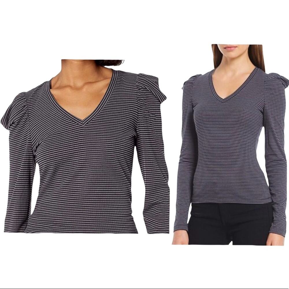 NWT ELLA MOSS Drape Puff Long Sleeve Gray Black Stripe Sz L - Picture 1 of 9